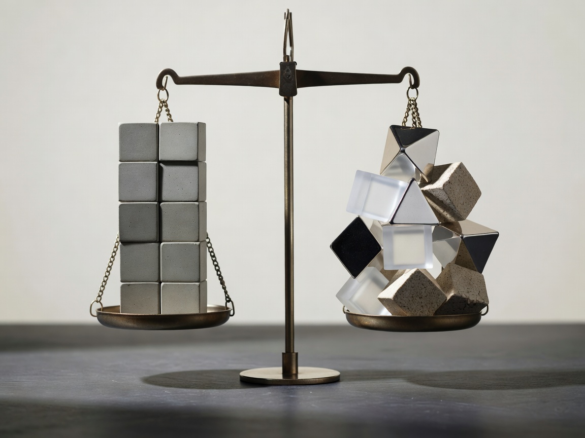 Geometrical blocks balancing a scale, representing fixed versus variable pricing structures