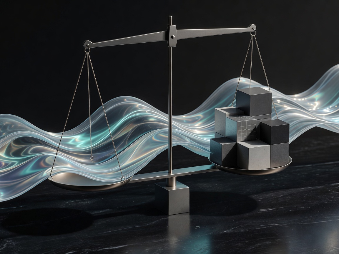 Geometric scales weighing continuous waves against discrete blocks representing revenue models
